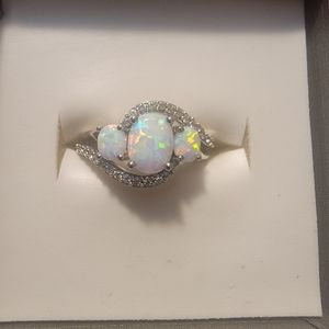 Lab created Opal  & CZ sterling silver ring